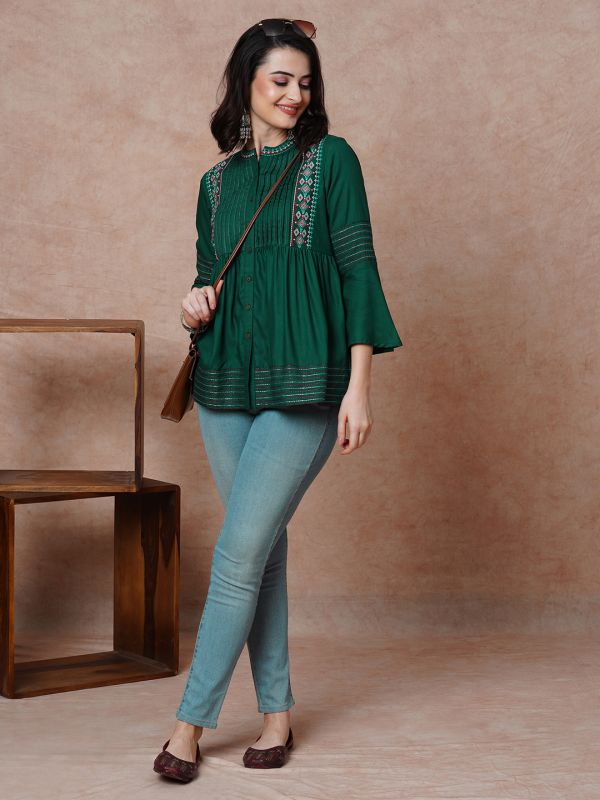 Globus Women Green Embroidered & Accordion Pleats Yoke Mandarin Collar Bell Sleeves A-Line Tunic