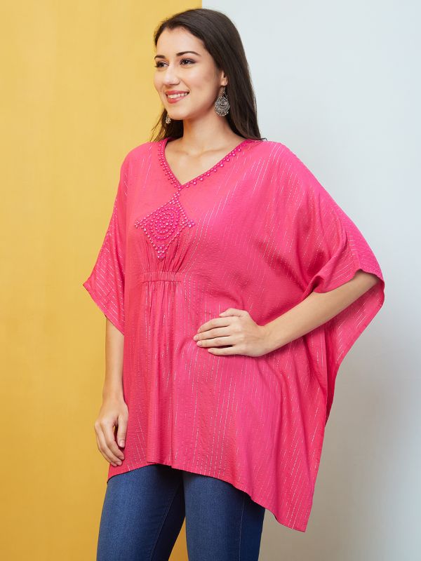 Globus Women Pink Embroidered & Striped Asymmetric Hem Kaftan Tunic 