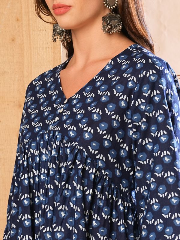 Globus Women Indigo Allover Printed & Gathered A-Line Alia Cut Workwear Tunic