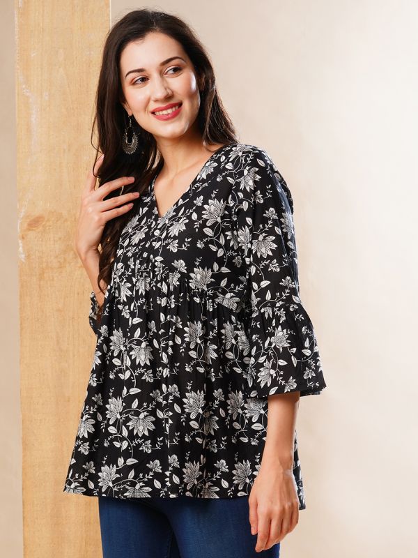 Globus Women Black Floral & Paisley Printed V-Neck Bell Sleeves Gathered A-Line Alia Cut Workwear Tunic