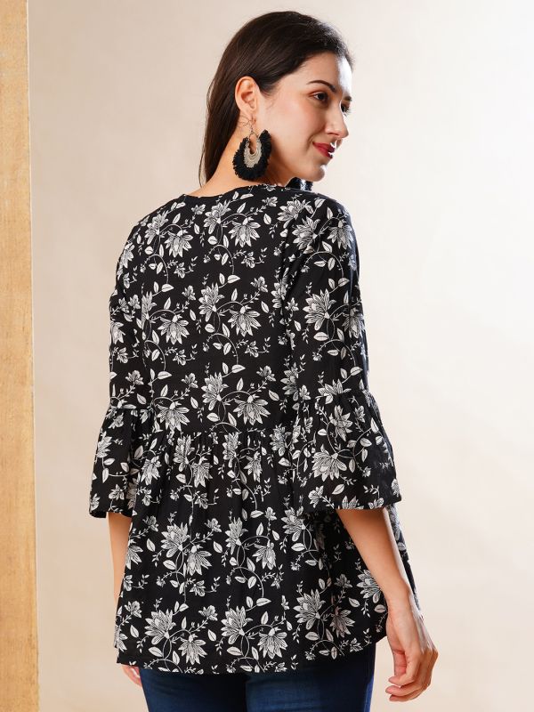 Globus Women Black Floral & Paisley Printed V-Neck Bell Sleeves Gathered A-Line Alia Cut Workwear Tunic