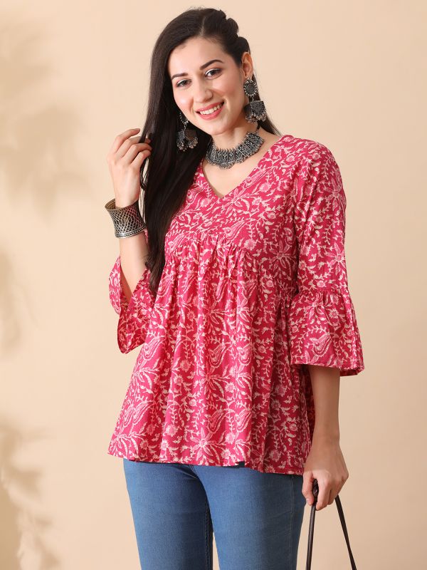 Globus Women Pink Floral Printed V-Neck Bell Sleeves Gathered A-Line Aliya Cut Workwear Tunic