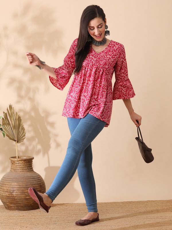 Globus Women Pink Floral Printed V-Neck Bell Sleeves Gathered A-Line Aliya Cut Workwear Tunic