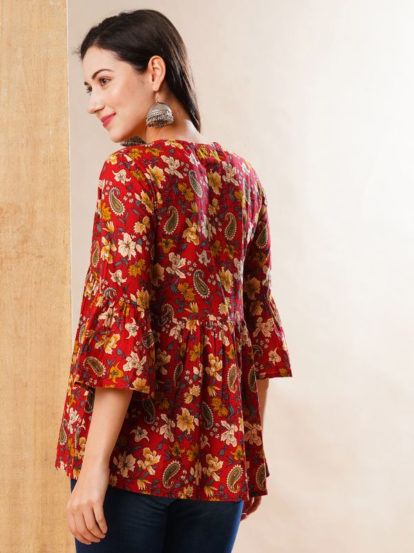 Globus Women Maroon Floral Printed V-Neck Bell Sleeves Gathered A-Line Alia Cut Workwear Tunic