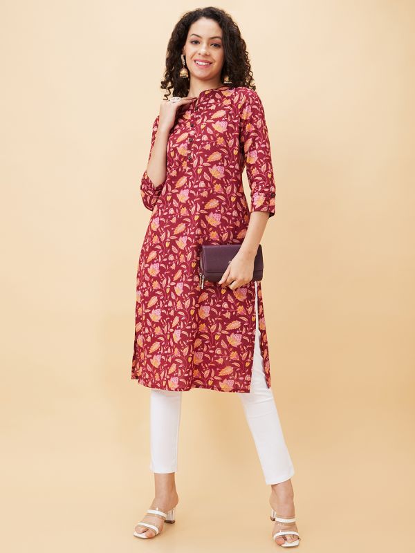 Globus Women Maroon Printed Mandarin Collar Straight Kurta