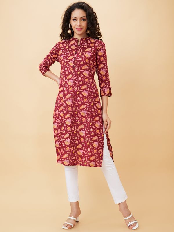 Globus Women Maroon Printed Mandarin Collar Straight Kurta