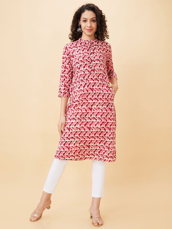 Globus Women Pink Printed Mandarin Collar Straight Kurta