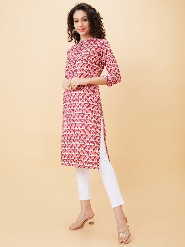 Globus Women Pink Printed Mandarin Collar Straight Kurta