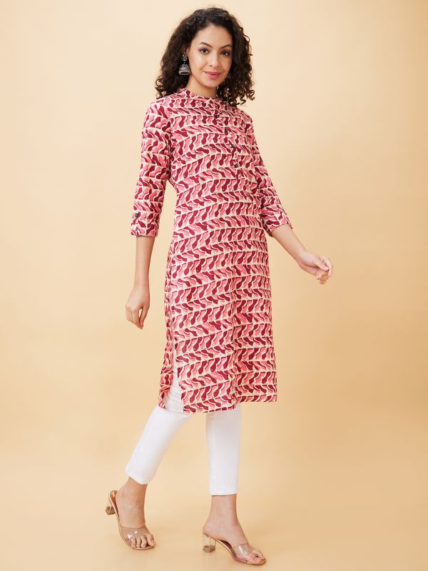 Globus Women Pink Printed Mandarin Collar Straight Kurta