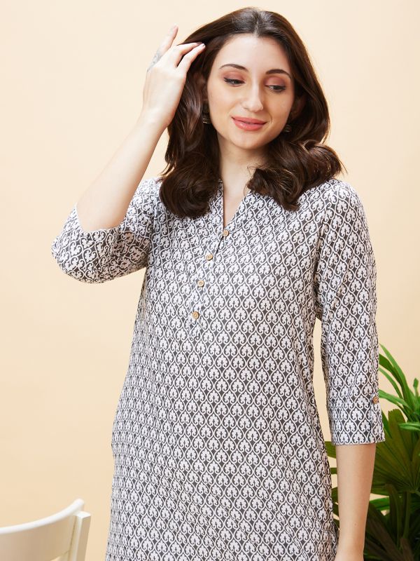 Globus Women Grey Ethnic Motifs Print Mandarin Collar Straight Kurta