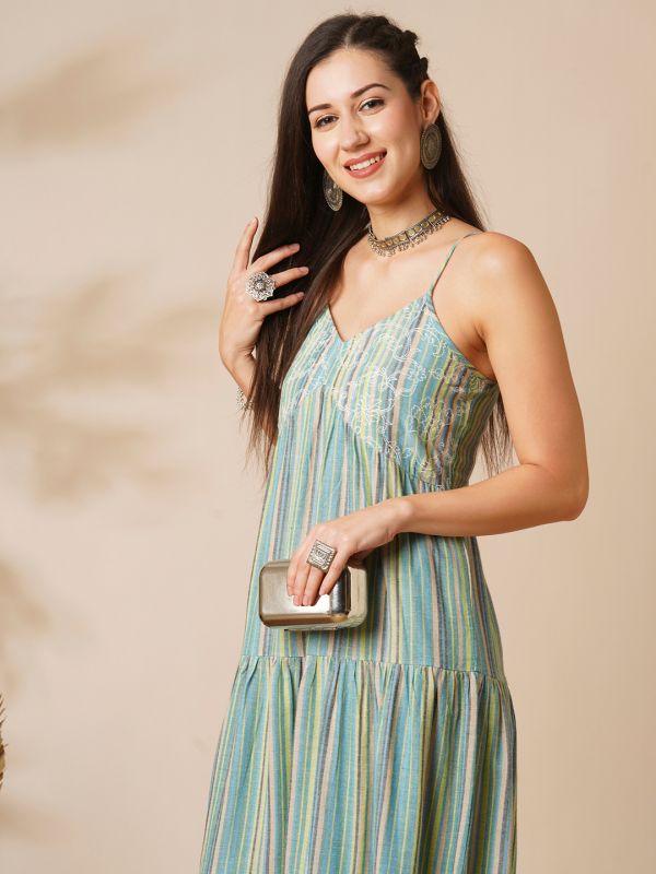 Globus Women Green V-Neck Strappy Shoulder Floral Embroidered Mid-Riff Yoke Striped Tiered A-Line Midi Fusion Dress