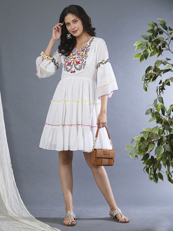 Globus Women White Floral Embroidered Yoke Flared Sleeves Gathered Tiered Fit & Flare Dress