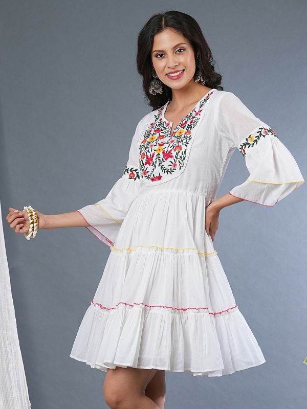 Globus Women White Floral Embroidered Yoke Flared Sleeves Gathered Tiered Fit & Flare Dress