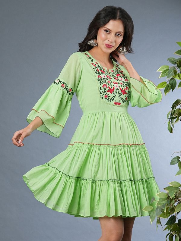 Globus Women Green Floral Embroidered Yoke Flared Sleeves Gathered Tiered Fit & Flare Dress