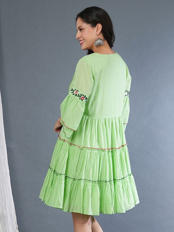 Globus Women Green Floral Embroidered Yoke Flared Sleeves Gathered Tiered Fit & Flare Dress