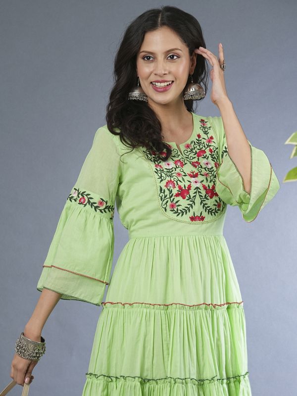 Globus Women Green Floral Embroidered Yoke Flared Sleeves Gathered Tiered Fit & Flare Dress