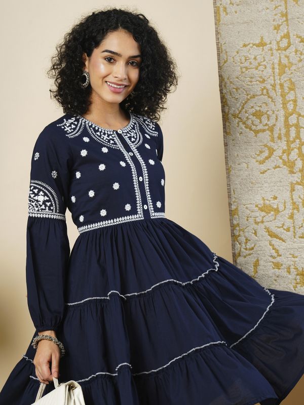 Globus Women Navy Blue Embroidered Neck Bishop Sleeve Tired A-line Dress