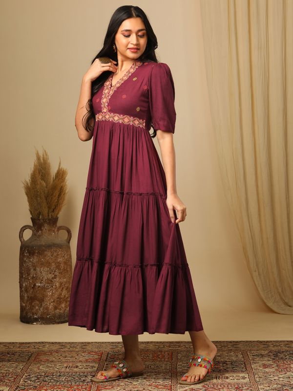 Globus Women Burgundy Embroidered V-Neck Puff Sleeves Boho Tiered Fusion Fit & Flare Maxi Dress