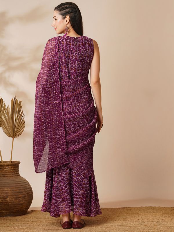 Globus Women Purple Ikat Print Heat Pleated Georgette Ready To Wear Fusion Gown Saree