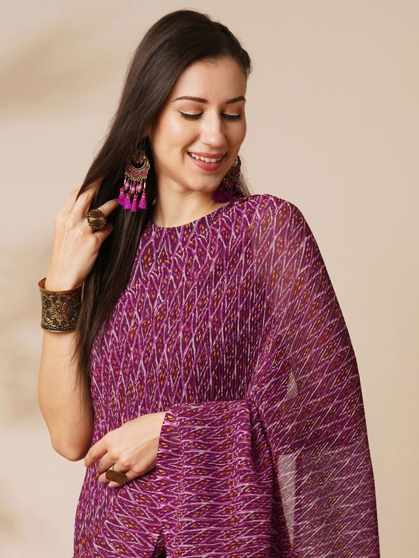 Globus Women Purple Ikat Print Heat Pleated Georgette Ready To Wear Fusion Gown Saree