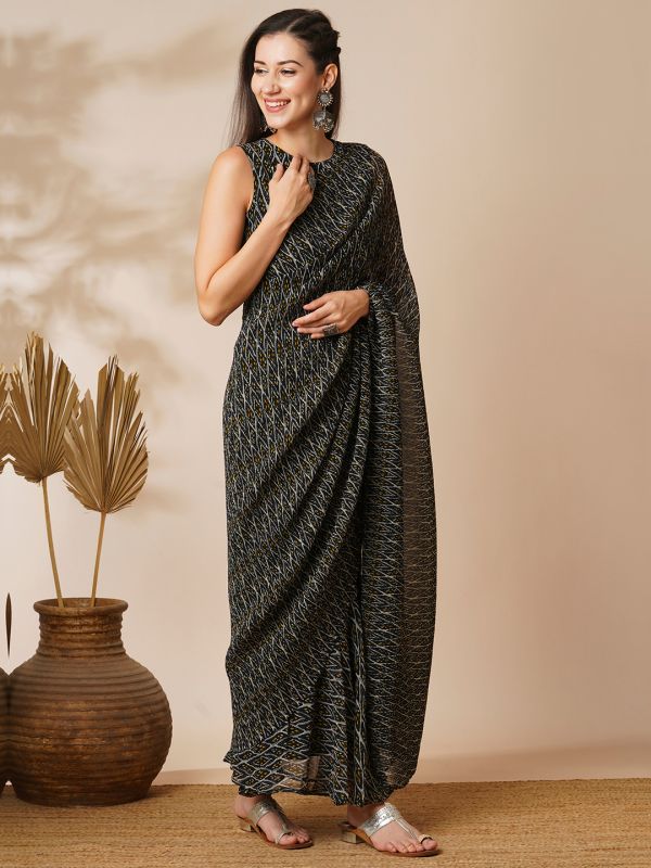 Globus Women Black Ikat Print Heat Pleated Georgette Ready To Wear Fusion Gown Saree