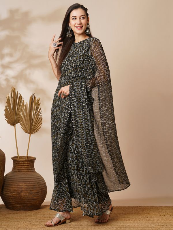 Globus Women Black Ikat Print Heat Pleated Georgette Ready To Wear Fusion Gown Saree