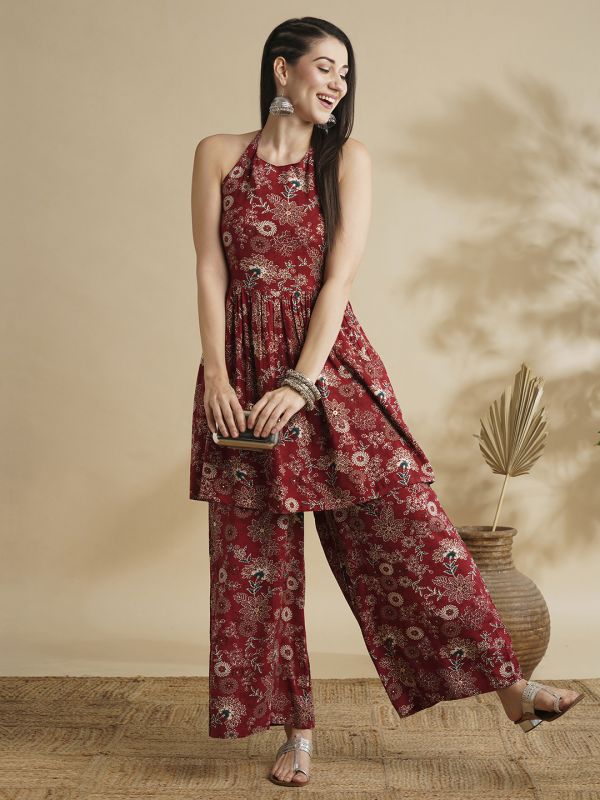 Globus Women Maroon Allover Floral Printed Halter Tie-Up Neck Smoked Tunic & Palazzos Fusion Co-Ord Set