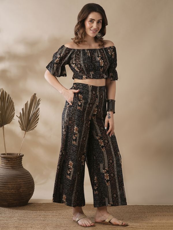 Globus Women Blue Off-Shoulder Puff Sleeves Ethnic Motifs Floral Printed Crop Top & Palazzos Fusion Co-Ord Set