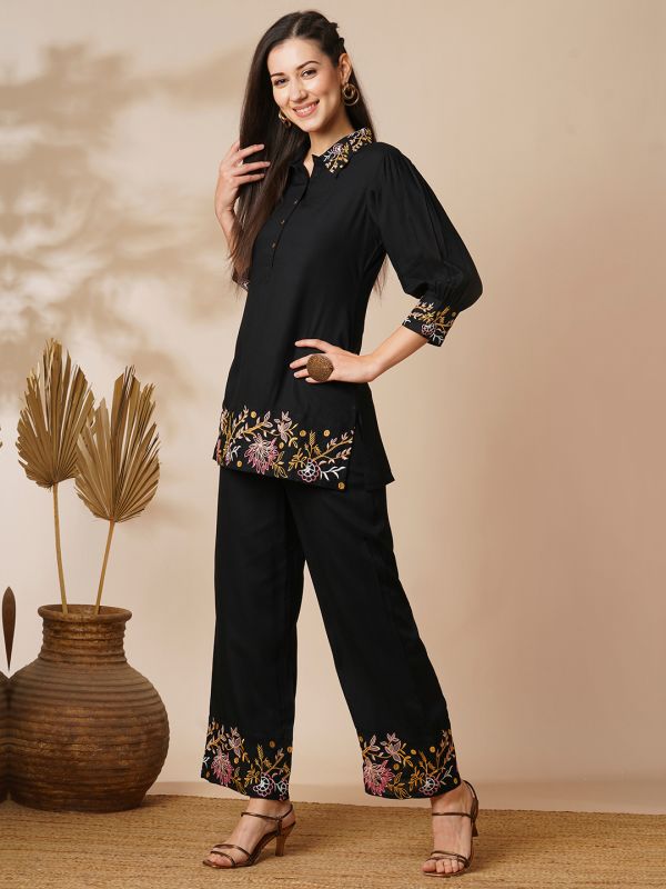 Globus Women Black Floral Embroidered Shirt Collar Cuffed Sleeves Top & Mid-Rise Partially Elasticated Ankle Length Pants Fusion Co-Ord Set