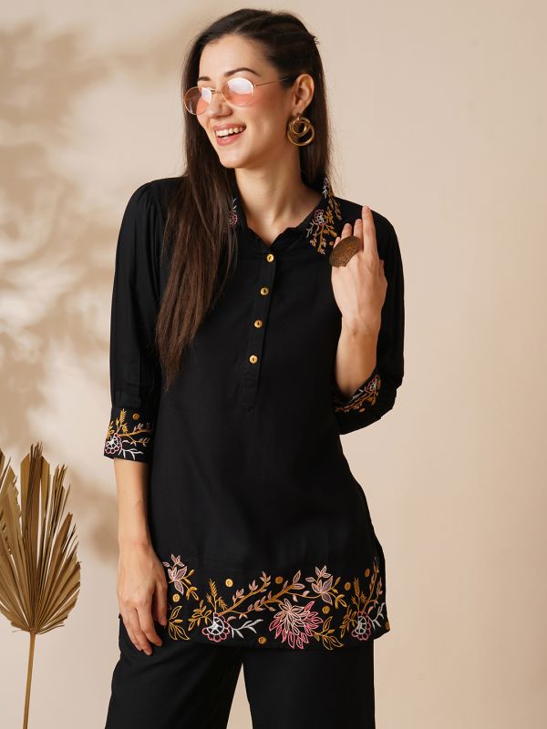 Globus Women Black Floral Embroidered Shirt Collar Cuffed Sleeves Top & Mid-Rise Partially Elasticated Ankle Length Pants Fusion Co-Ord Set