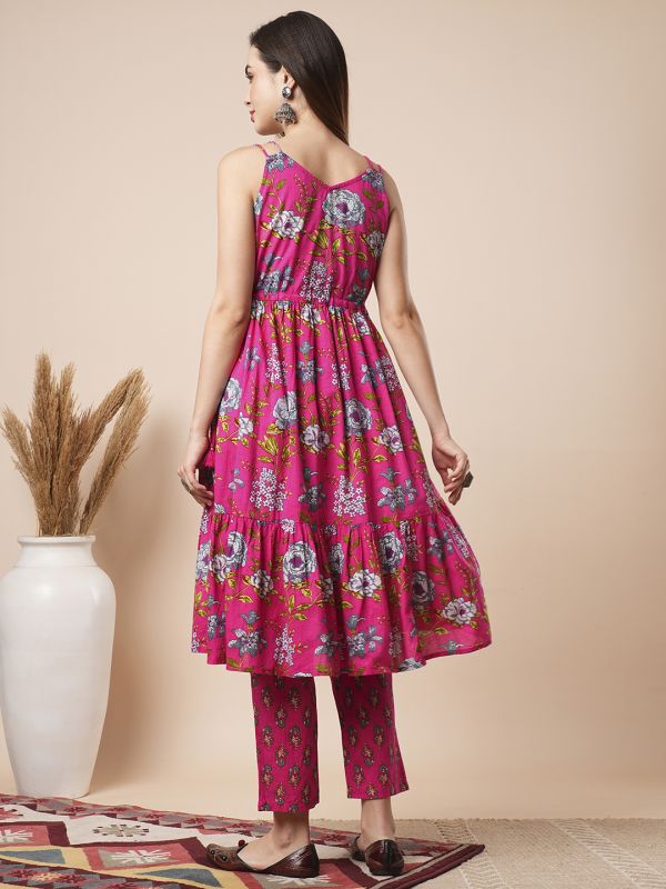 Globus Women Pink V-Neck Shoulder Straps Floral Print Tasselled Drawstring Waist Tiered A-Line Fusion Kurta With Pants