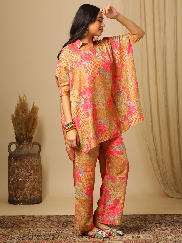 Globus Women Yellow Floral Printed Shirt Collar Kaftan Top & Partially Elasticated Trousers Fusion Co-Ord Set