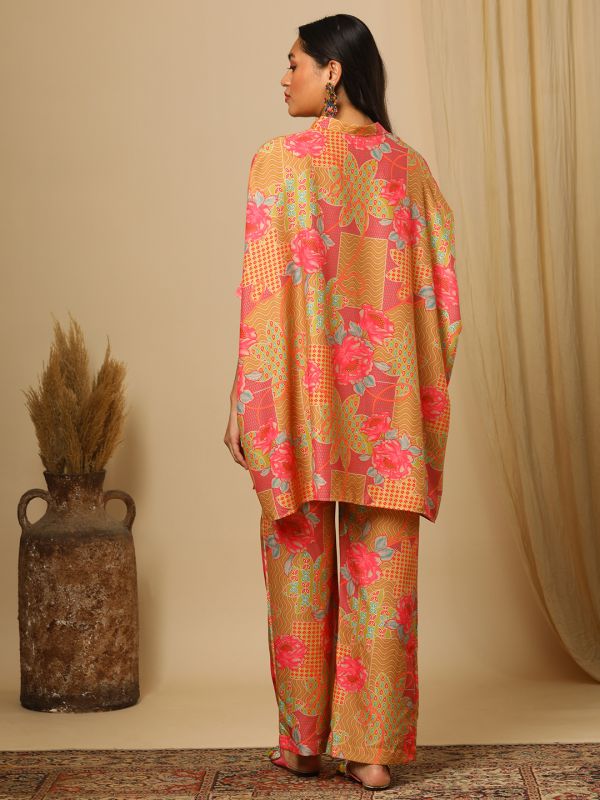 Globus Women Yellow Floral Printed Shirt Collar Kaftan Top & Partially Elasticated Trousers Fusion Co-Ord Set