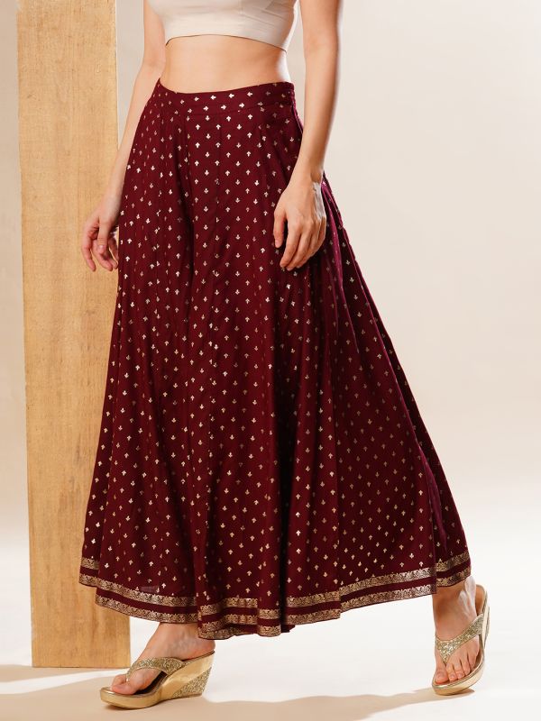 Globus Women Maroon Allover Printed Elasticated Festive Kali Palazzos