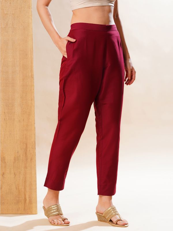 Globus Women Maroon Back Elasticated Mid-Rise Flat Front Festive Pants