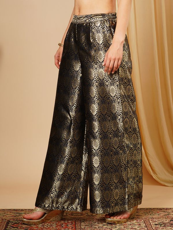 Globus Women Navy Blue & Silver Floral Jaal Print Partially Elaticated Wide Leg Ethnic Palazzos