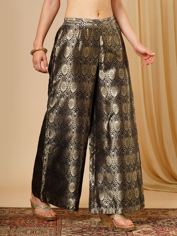 Globus Women Navy Blue & Silver Floral Jaal Print Partially Elaticated Wide Leg Ethnic Palazzos