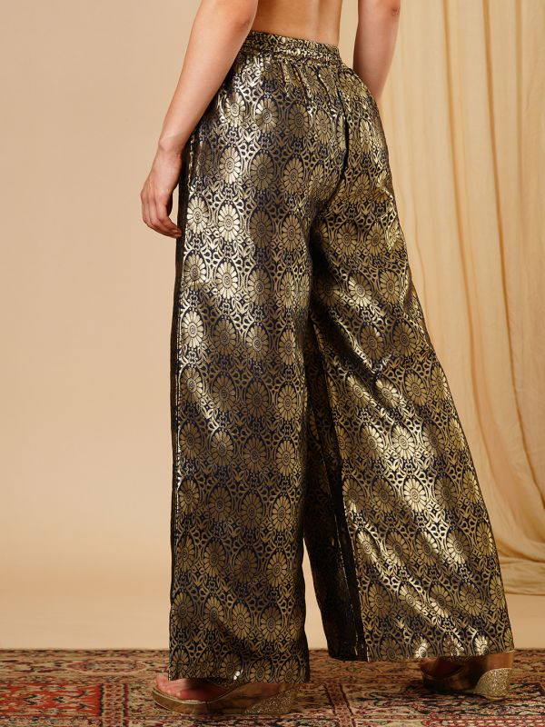 Globus Women Navy Blue & Silver Floral Jaal Print Partially Elaticated Wide Leg Ethnic Palazzos