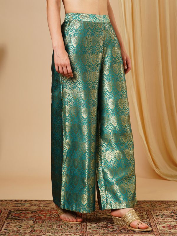 Globus Women Teal & Silver Floral Jaal Print Partially Elaticated Wide Leg Palazzos