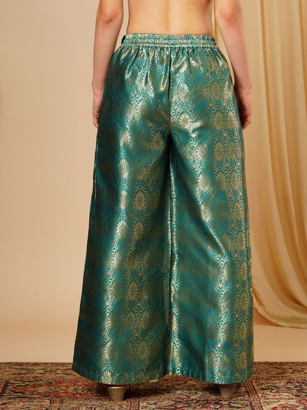 Globus Women Teal & Silver Floral Jaal Print Partially Elaticated Wide Leg Palazzos