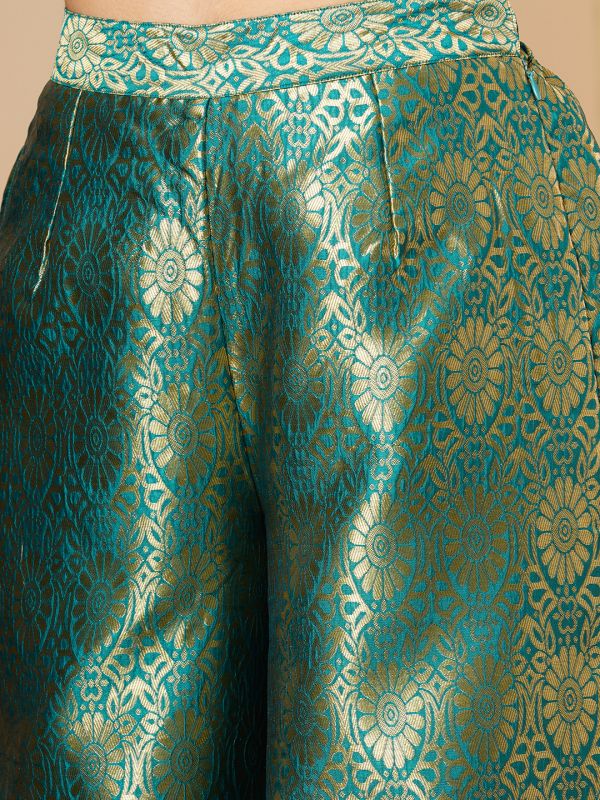 Globus Women Teal & Silver Floral Jaal Print Partially Elaticated Wide Leg Palazzos