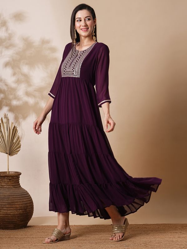 Globus Women Purple Embroidered & Sequinned Yoke Fit & Flare Tiered Festive Maxi Dress