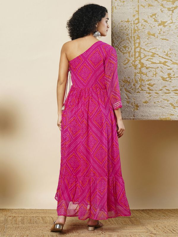 Globus Women Pink Bandhani Printed One Shoulder Flared Hem A-line Maxi Dress