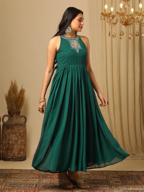 Globus Women Teal Zari Embroidered & Sequinned Keyhole Halter Neck Fit & Flare Fusion Maxi Dress