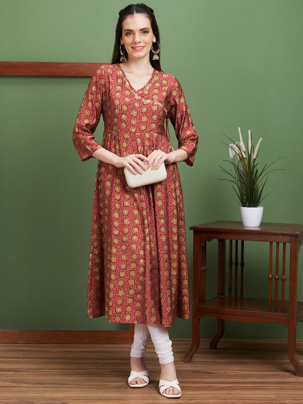 Globus Women Maroon Floral Print V-Neck Festive Anarkali Kurta