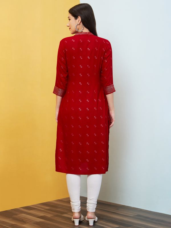 Globus Women Red Thread Work Mandarin Collar Geometric Print Straight Kurta