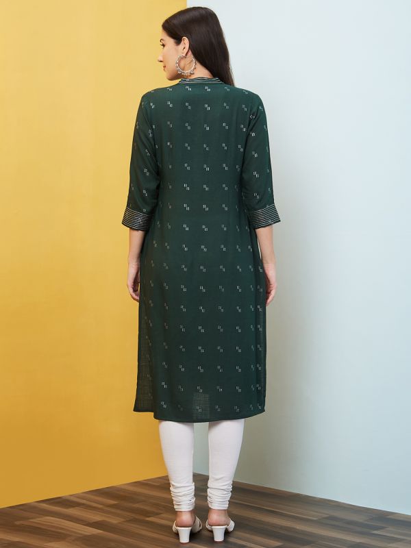 Globus Women Green Woven Design Mandarin Collar Straight Festive Kurta