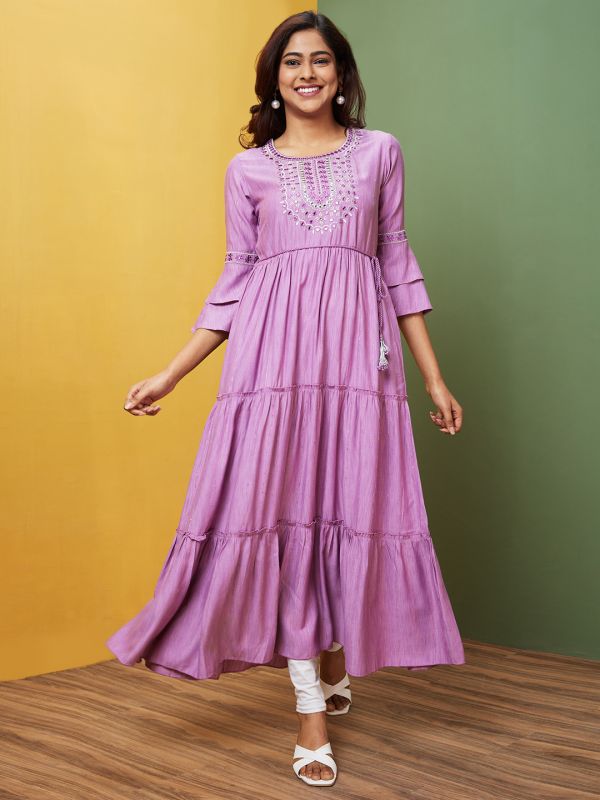 Globus Women Lilac Embroidered Round Neck A-Line Kurta