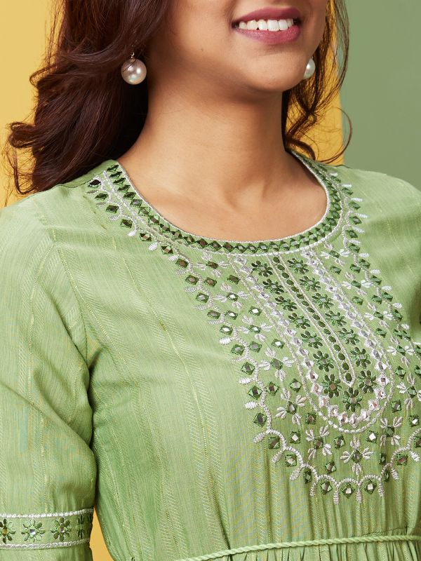 Globus Women Green Embroidered Round Neck A-Line Kurta