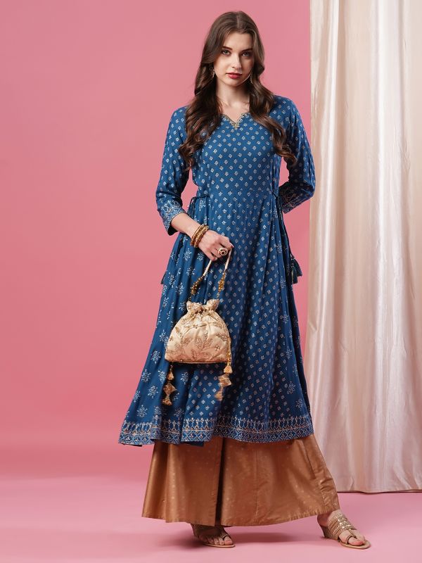 Globus Women Blue V Embroidered Neck Allover Ethnic Motifs Panelled Calf Length A-Line Kurta